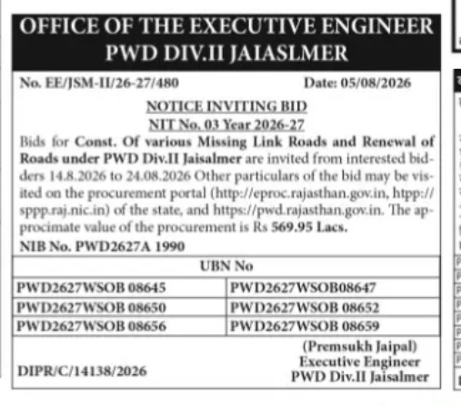 E-Tender for Missing Link Roads and Road Renewal in Jaisalmer