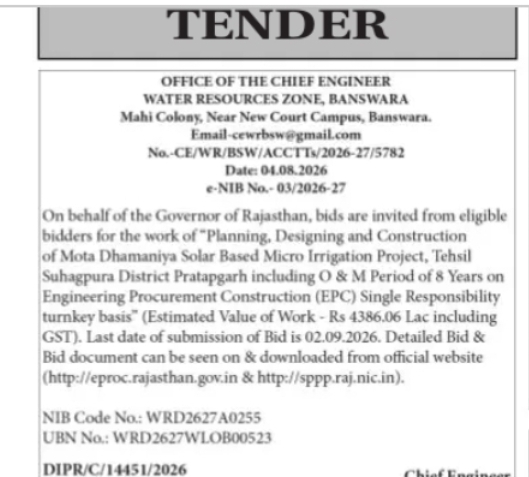 E-Tender for Mota Dhamaniya Solar Based Micro Irrigation Project