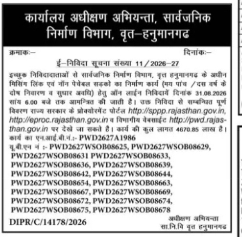 E-Tender for Multiple PWD Works in Rajasthan