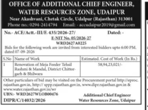 E-Tender for Renovation of Meja Feeder in Chittorgarh & Bhilwara