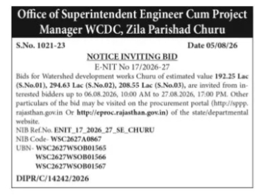 E-Tender for Watershed Development Works in Churu