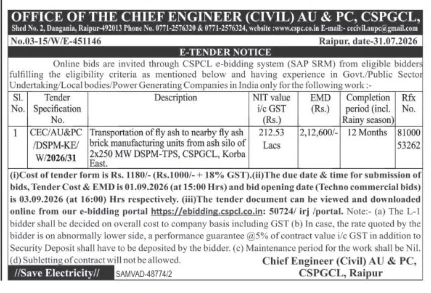 E-Tender Notice – Fly Ash Transportation Work, CSPGCL
