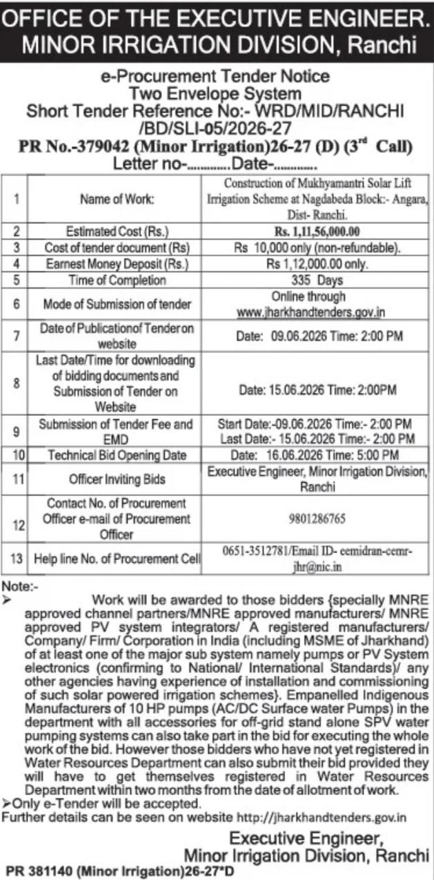 E Tender Notice for Mukhyamantri Solar Lift Irrigation Scheme, Nagdabeda, Angara Block, Ranchi