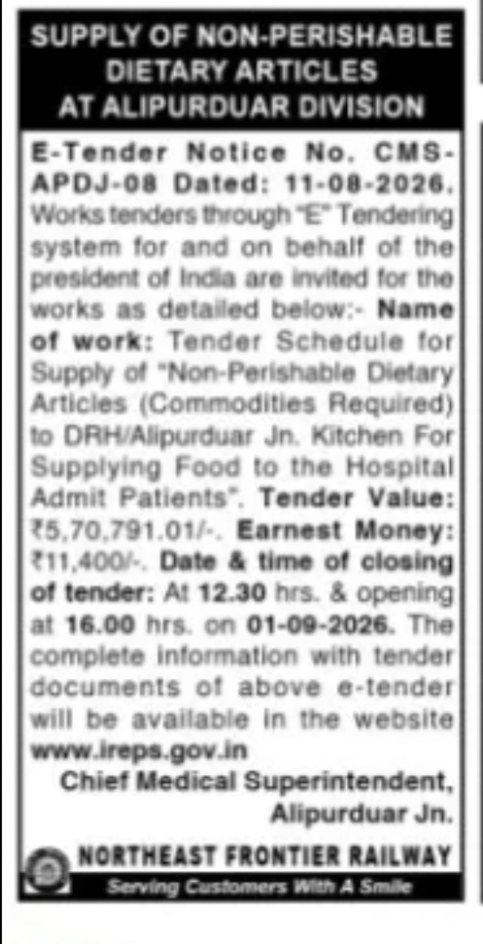 E-TENDER NOTICE NO. CMS/APDJ-08 – SUPPLY OF NON-PERISHABLE DIETARY ARTICLES