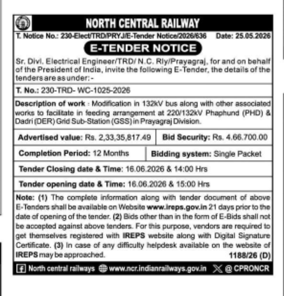 E-Tender Notice (North Central Railway, Prayagraj Division)