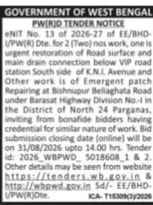 e-Tender Notice – Road Restoration & Patch Repairing Works, North 24 Parganas