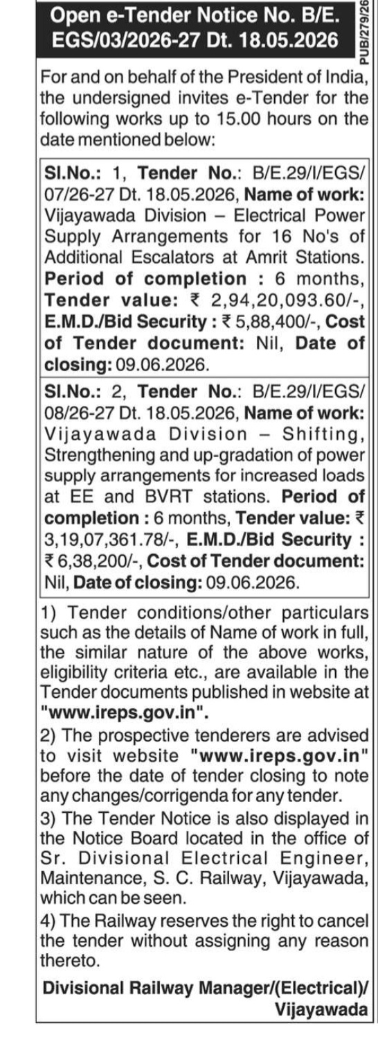 e-Tender Notice – Vijayawada Division, South Central Railway