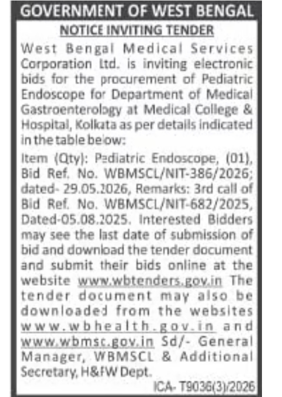 E-Tenders for Procurement of Pediatric Endoscope for Medical College & Hospital Kolkata
