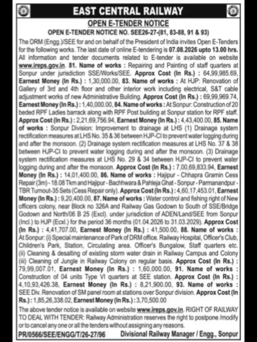 East Central Railway Invites Open E-Tenders for Multiple Engineering Works