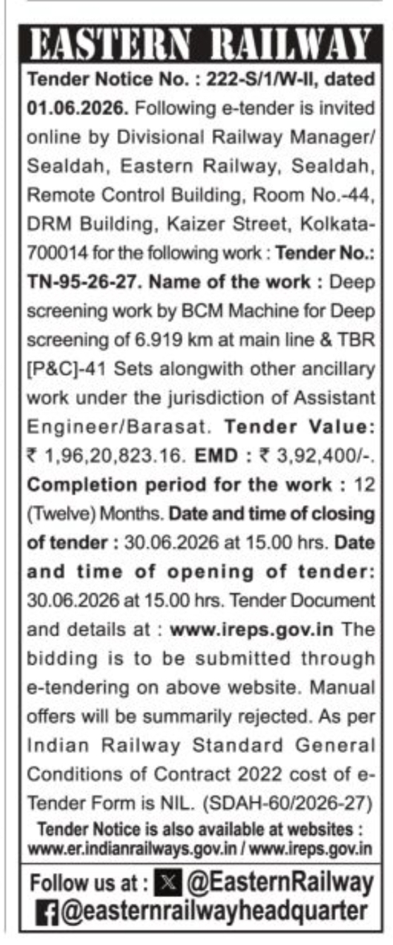 Eastern Railway Invites E-Tender for Deep Screening and Track Renewal Works in Barasat Section