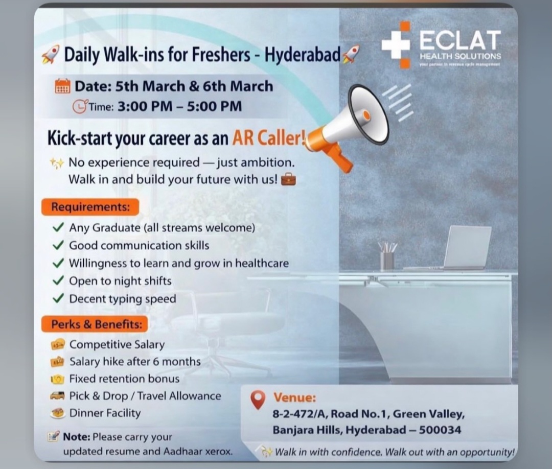 Eclat Health Solutions – Walk-In Drive for Freshers | Hyderabad