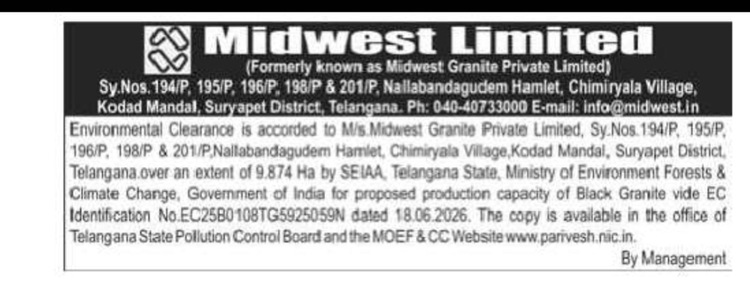 Environmental Clearance Granted to Midwest Limited for Black Granite Mining Project in Suryapet District, Telangana