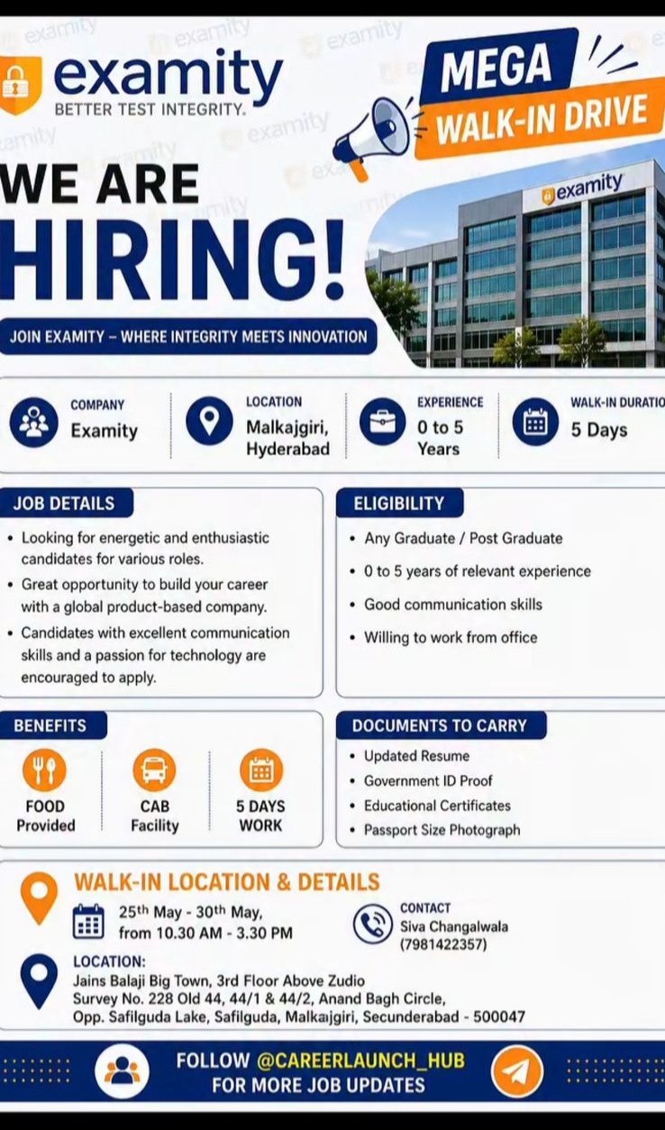 Examity Walk-In Hiring – Hyderabad (Malkajgiri)