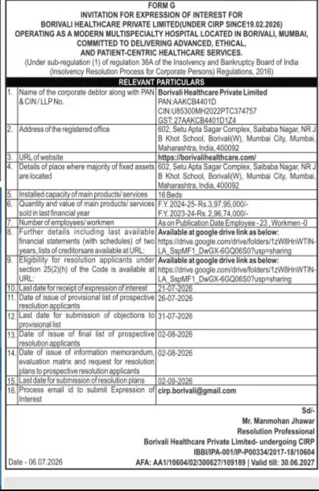 Expression of Interest Invited for Borivali Healthcare Private Limited Under CIRP