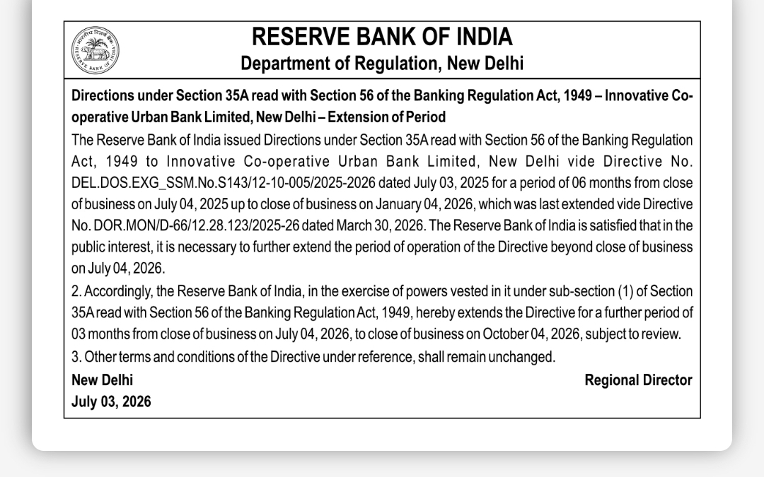 EXTENSION OF RBI DIRECTIONS ON INNOVATIVE CO-OPERATIVE URBAN BANK LIMITED, NEW DELHI UNDER SECTION 35A READ WITH SECTION 56 OF THE BANKING REGULATION ACT, 1949