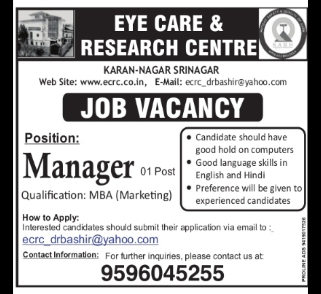 Eye Care & Research Centre – Manager Vacancy