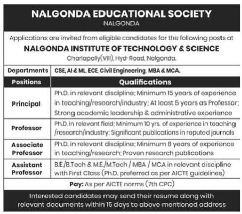 📢 Faculty Recruitment Notification – Nalgonda