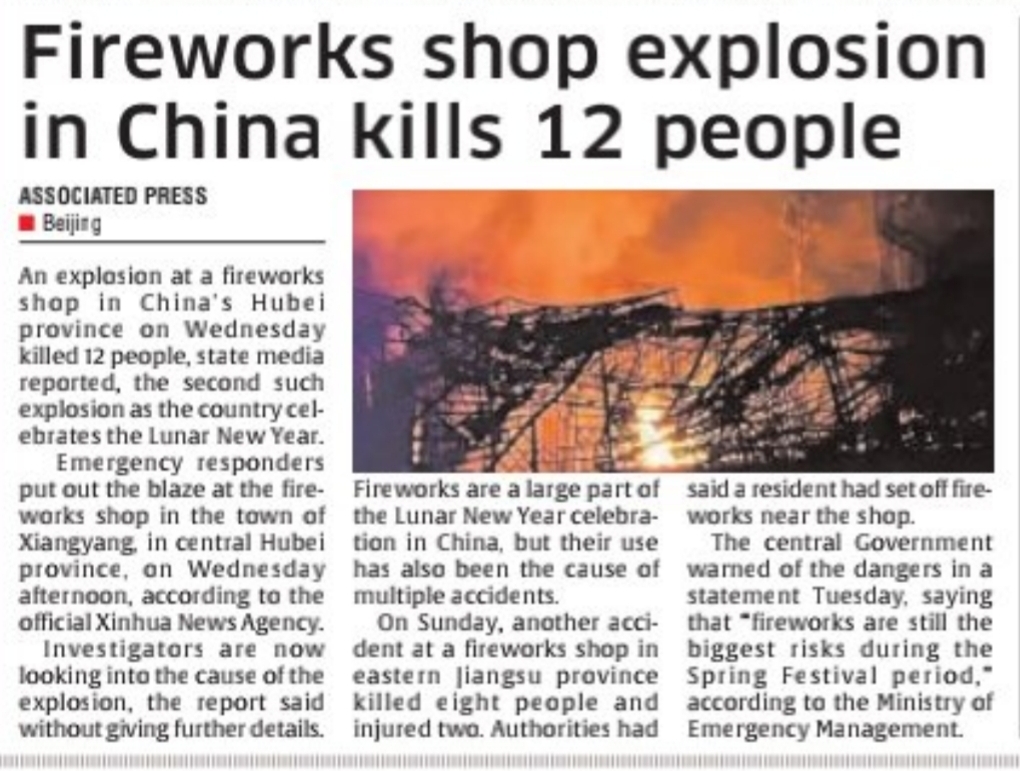 Fireworks shop explosion in China kills 12 people