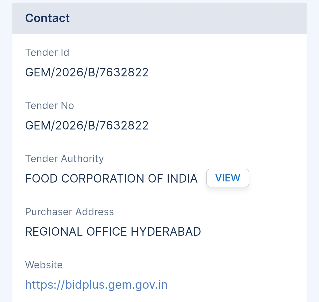 Food Corporation Of India - FCI Tender - Telangana Tender