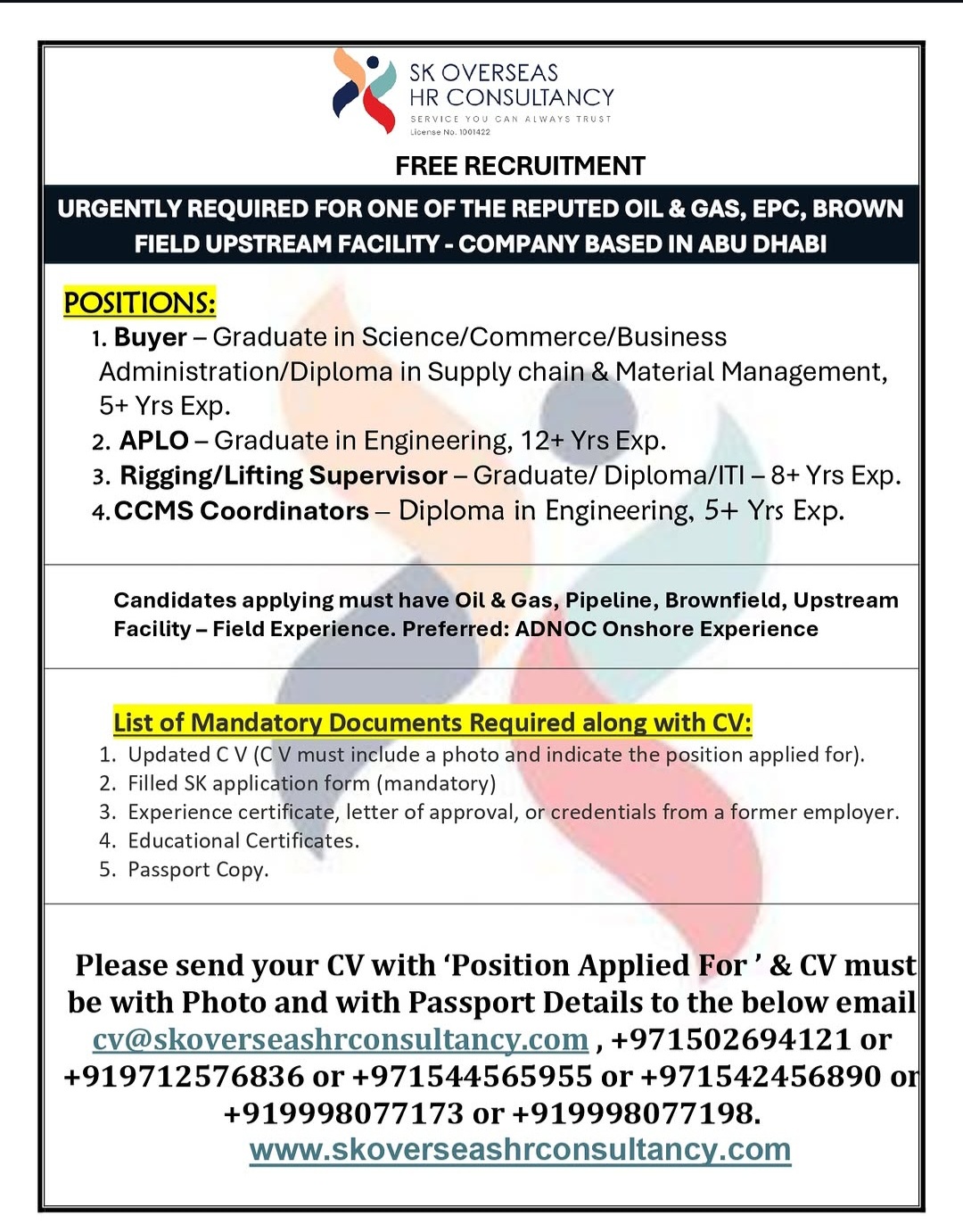 FREE RECRUITMENT – JOB OPPORTUNITIES IN ABU DHABI (OIL & GAS / EPC SECTOR)