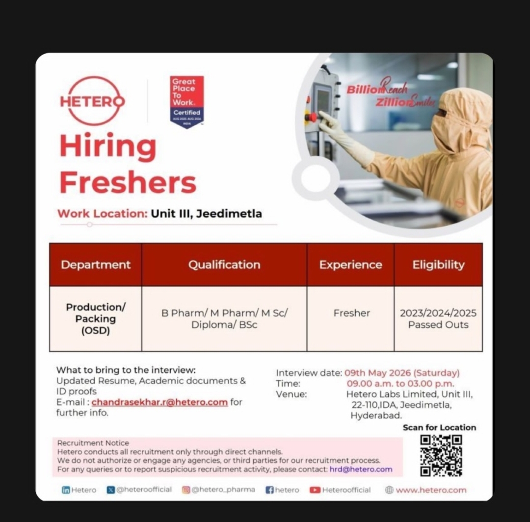 🚨 Freshers Hiring Alert at Hetero Labs 🚨