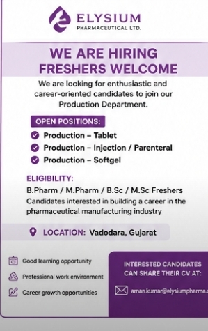 📢 Freshers Opportunity at Elysium Pharmaceutical Ltd 📢