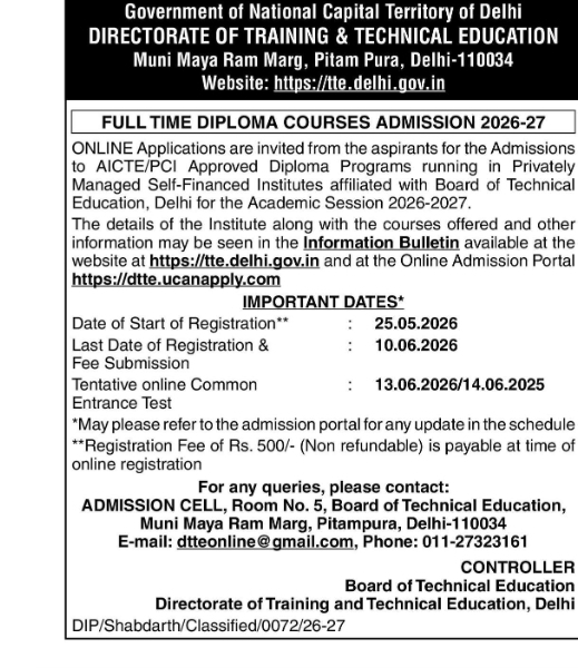 FULL TIME DIPLOMA COURSES ADMISSION 2026-27 – Directorate of Training & Technical Education, Delhi