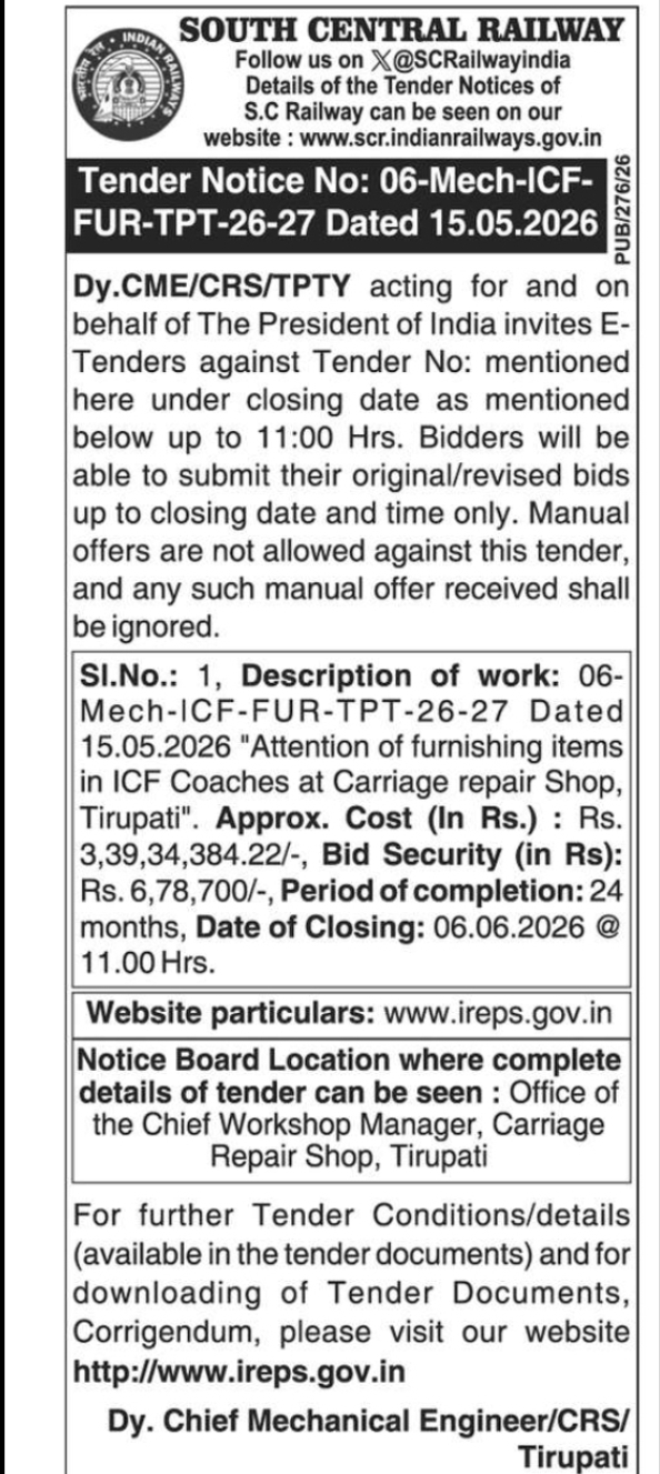 Furnishing Works in ICF Coaches at Carriage Repair Shop, Tirupati under Tender No. 06-Mech-ICF-FUR-TPT-26-27