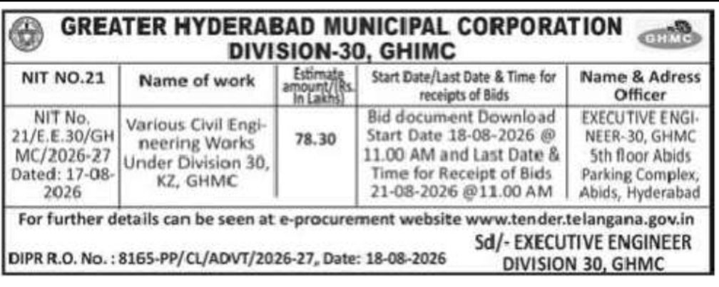 GHMC DIVISION-30 CIVIL WORKS TENDER NOTICE