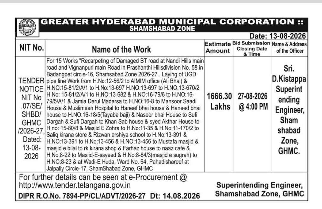 GHMC Tender for Recarpeting of Damaged BT Roads and Laying of UGD Pipeline Work