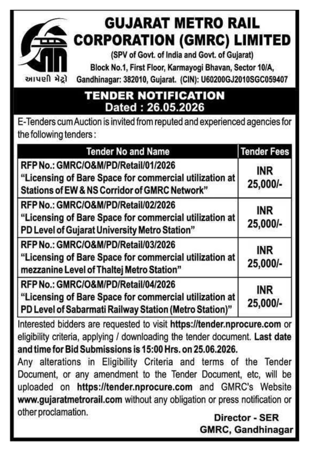GMRC Issues E-Tender for Commercial Licensing of Bare Spaces at Metro Stations in Gujarat