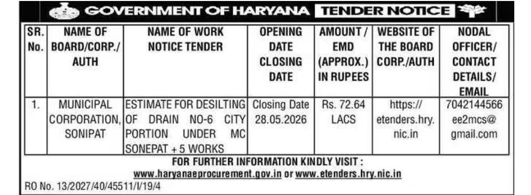 GOVERNMENT OF HARYANA TENDER NOTICE
