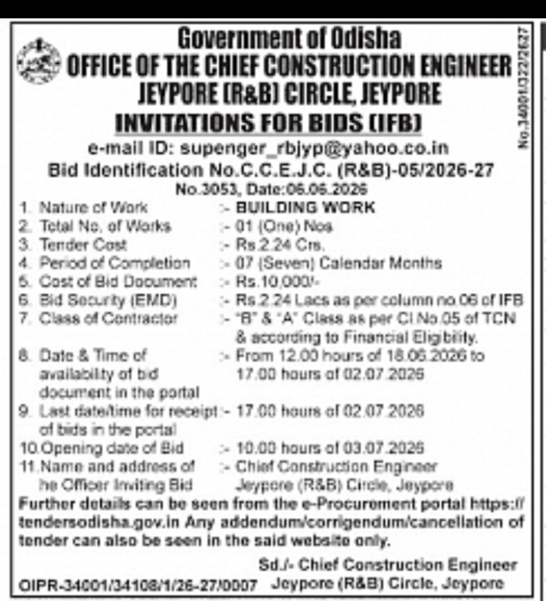 Government of Odisha – Chief Construction Engineer, Jeypore (R&B) Circle
