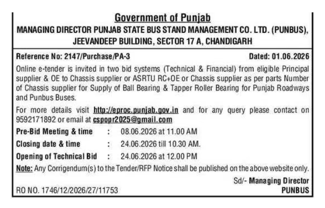 Government of Punjab – e-Tender Notice