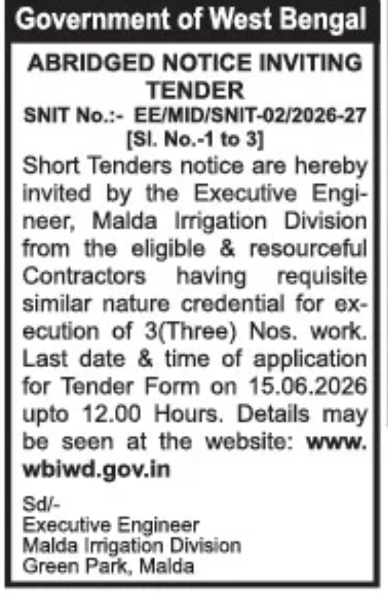 Government of West Bengal Abridged Notice Inviting Tender