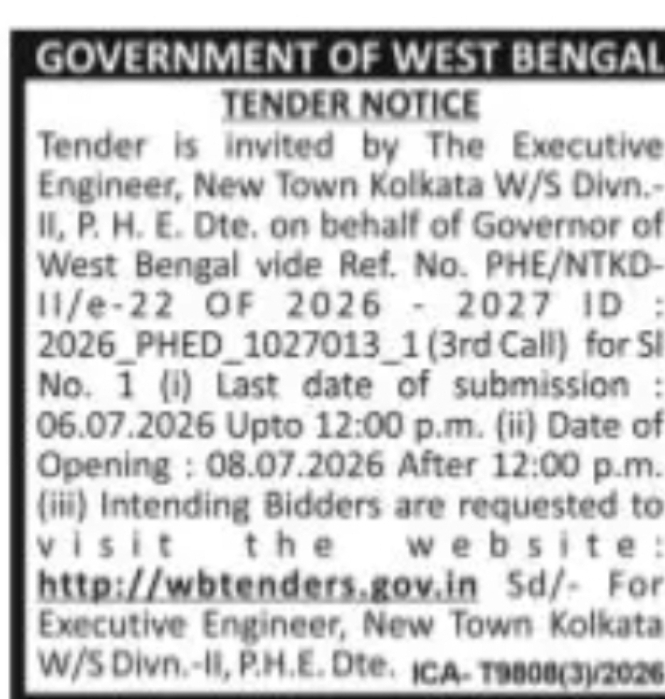 GOVERNMENT OF WEST BENGAL TENDER NOTICE – NEW TOWN KOLKATA W/S DIVISION