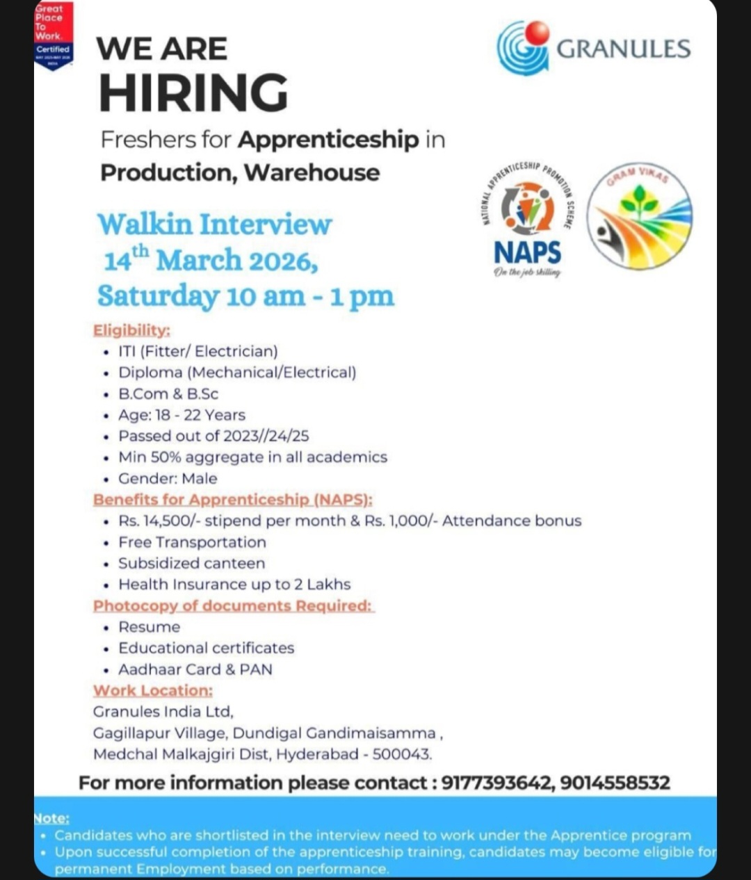 Granules India Ltd – Apprenticeship Walk-In Drive (Freshers)