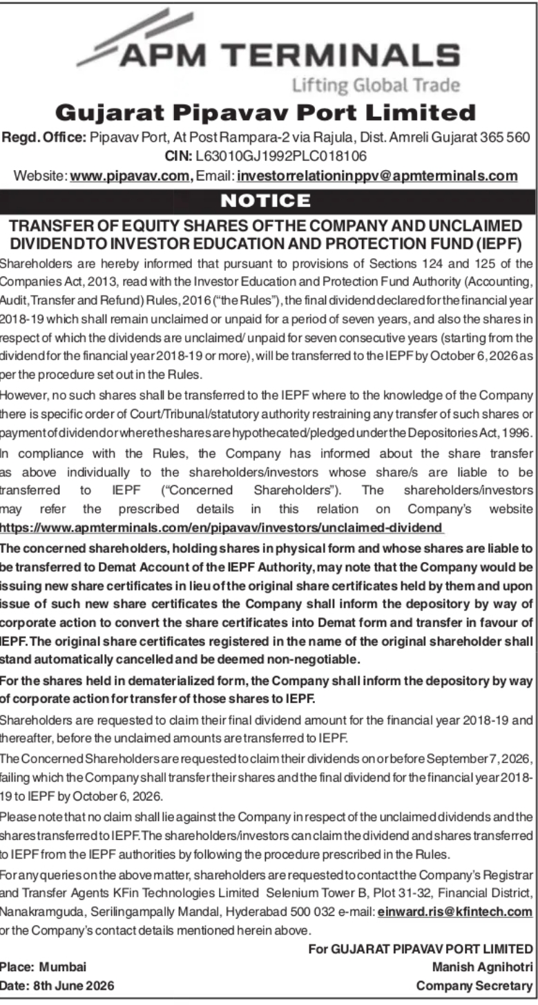 Gujarat Pipavav Port Limited Notice on Transfer of Unclaimed Dividend and Shares to IEPF Authority (2018–19)