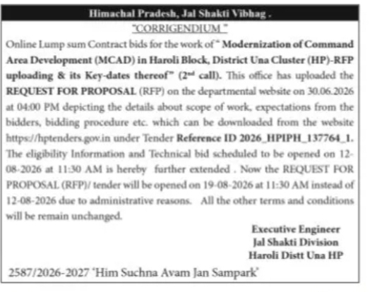 Himachal Pradesh Jal Shakti Vibhag – Corrigendum for MCAD Haroli Block