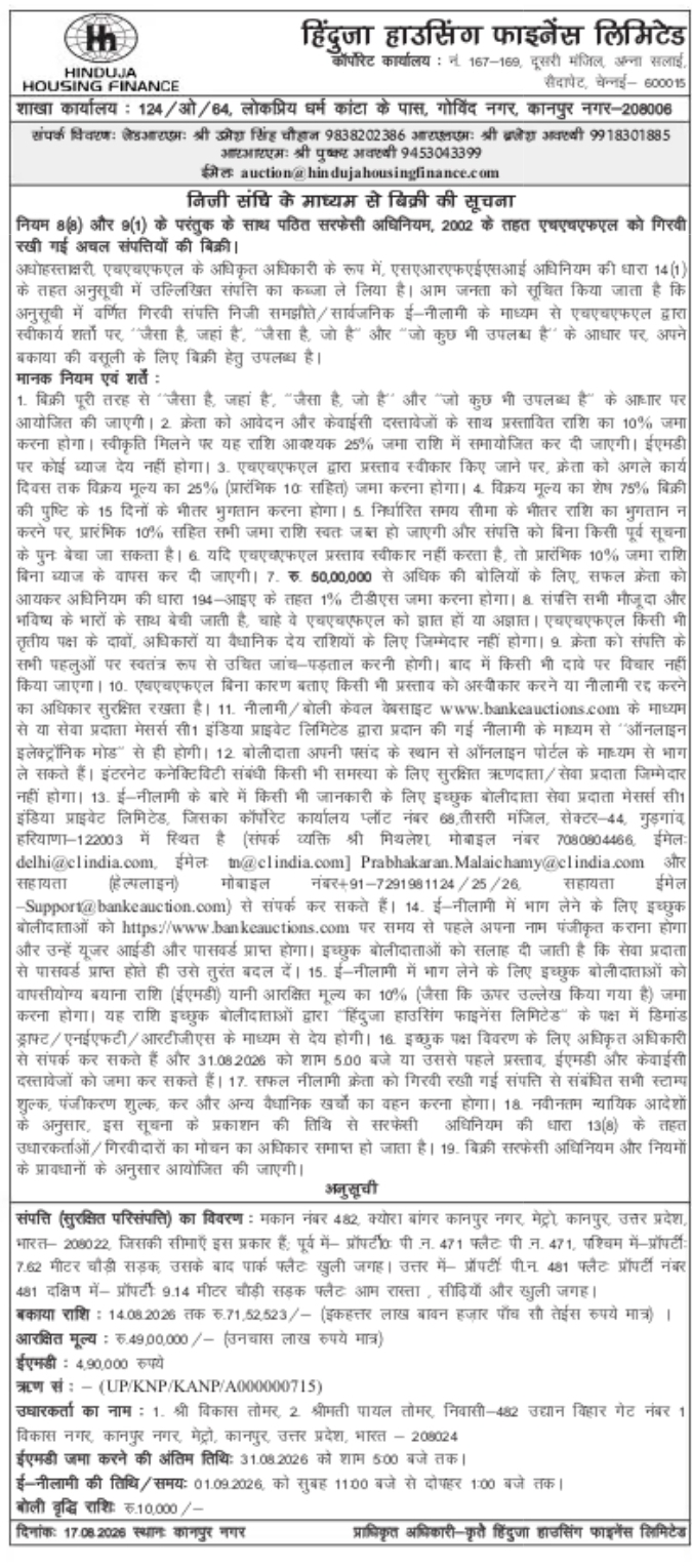 Hinduja Housing Finance E-Auction Notice – Residential Property in Kanpur
