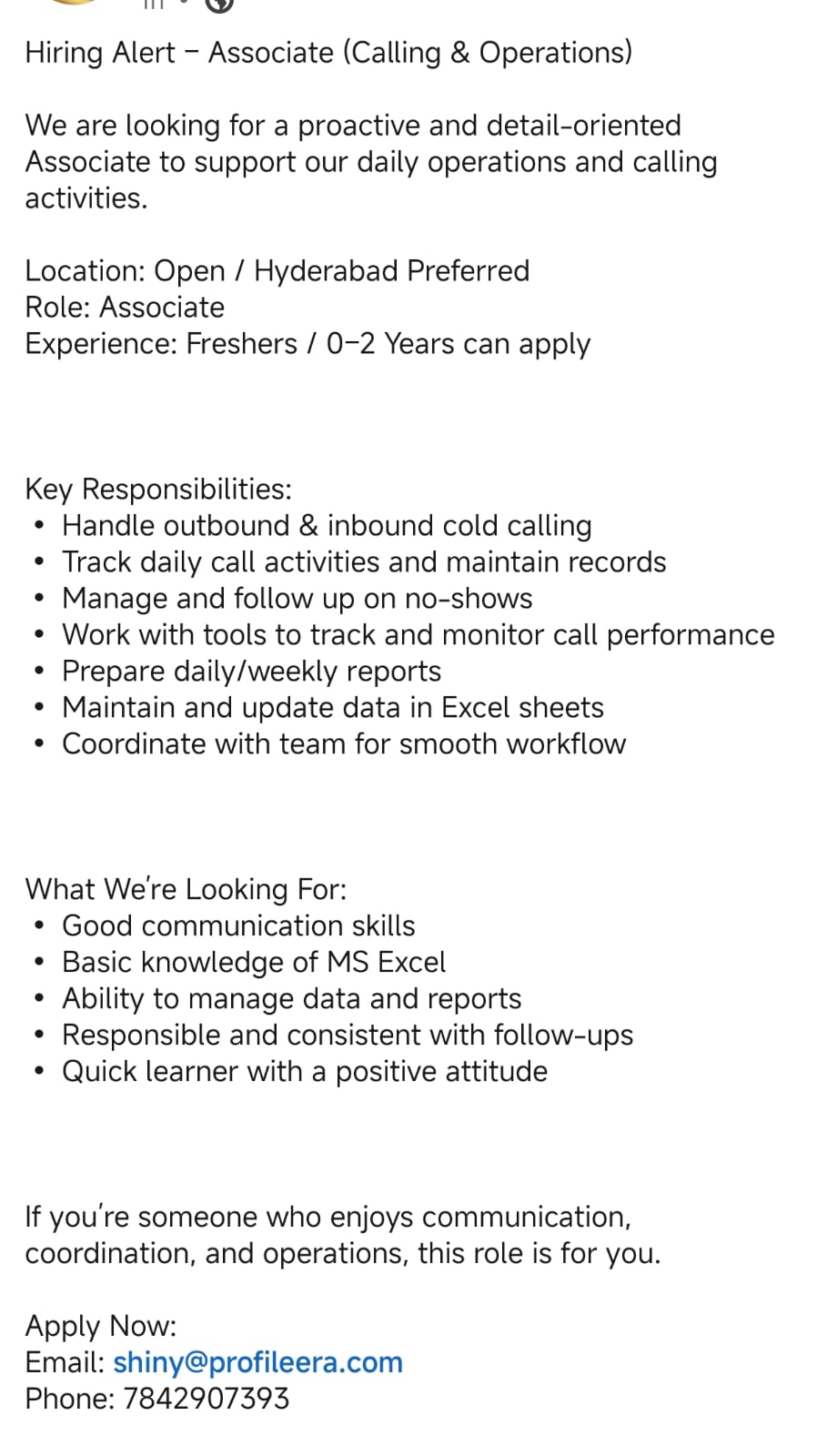 📢 Hiring Alert – Associate (Calling & Operations)