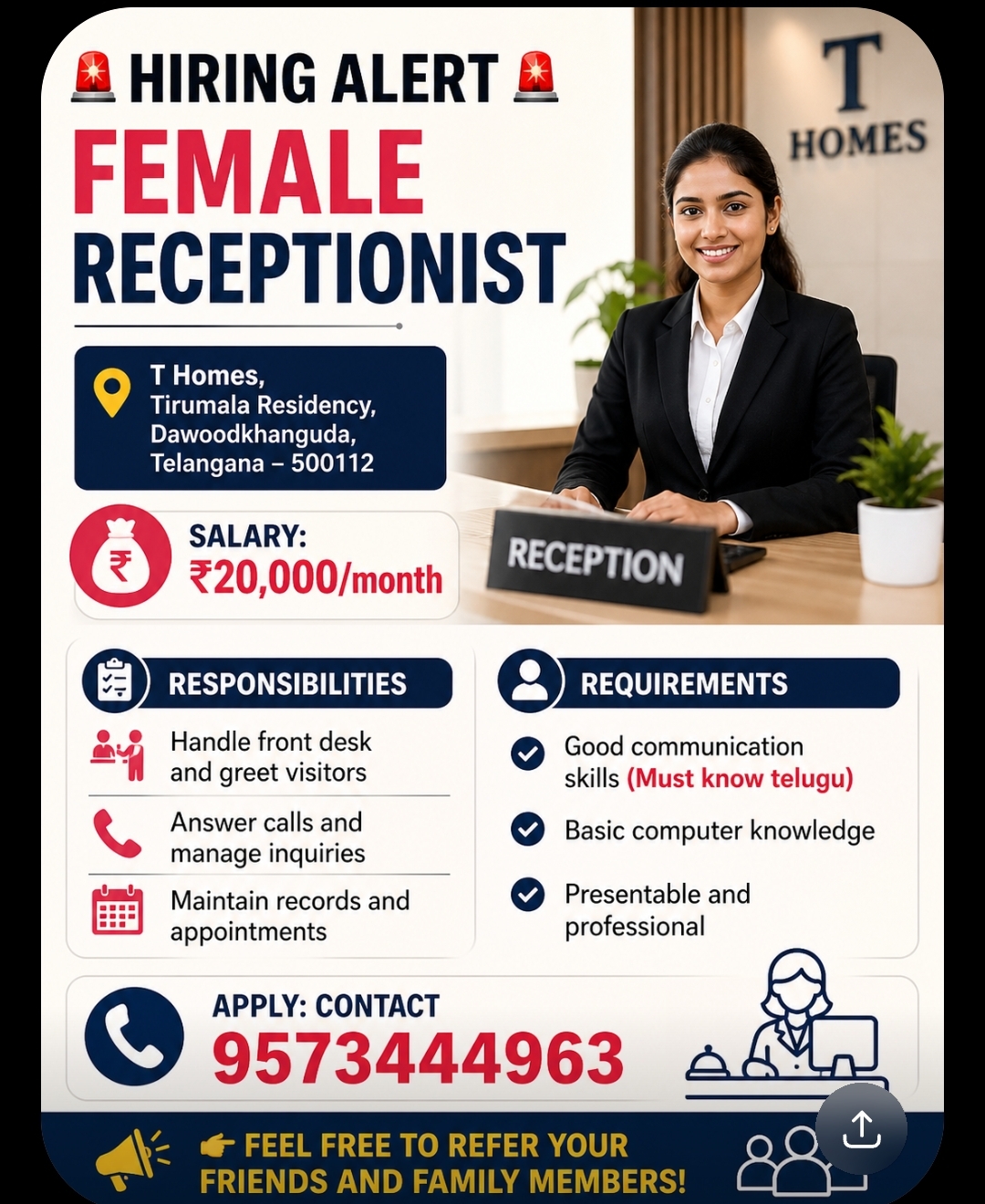 🚨 Hiring Alert - Female Receptionist  🚨