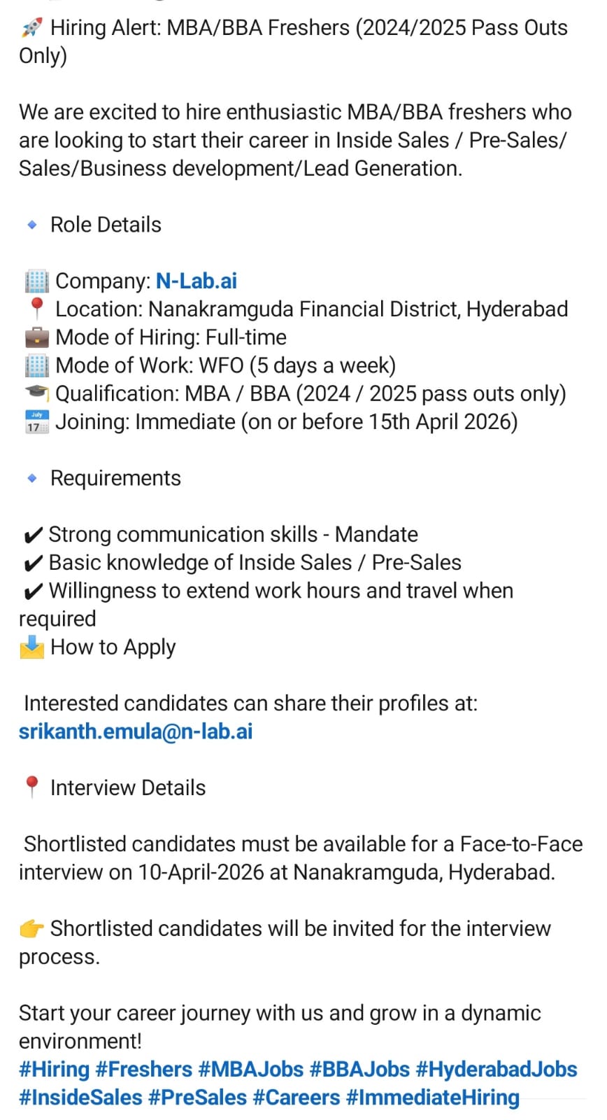 📢 Hiring Alert: MBA/BBA Freshers (2024/2025 Pass Outs Only)