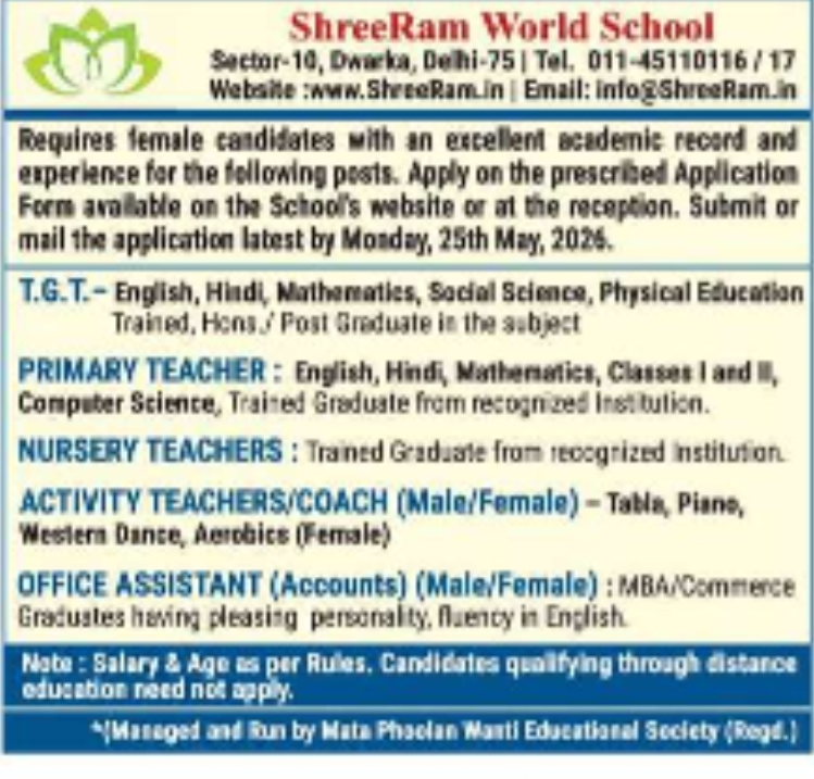 Hiring Alert | ShreeRam World School, Dwarka