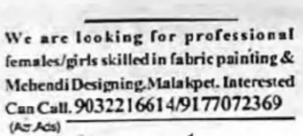 🎨 Hiring: Fabric Painting & Mehendi Artists (Female)