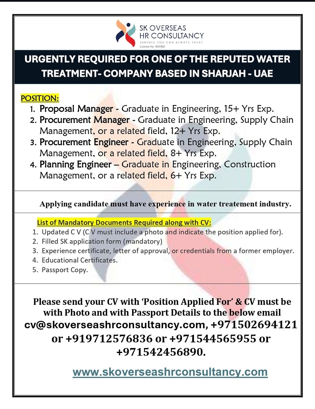 Hiring for Water Treatment Company – Sharjah UAE