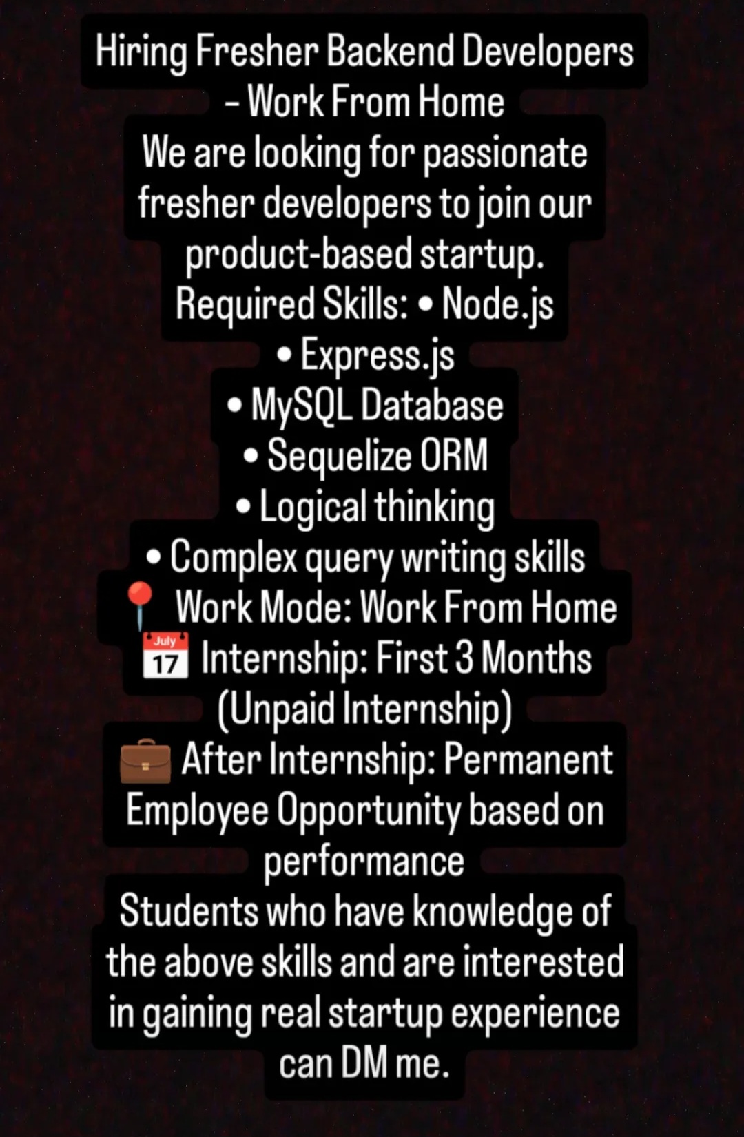 HIRING – Fresher Backend Developers (Work From Home