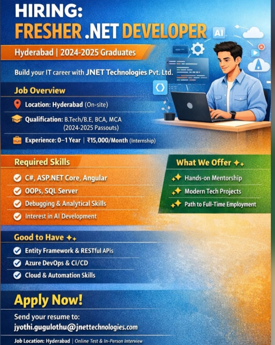 🚀 Hiring: Fresher .NET Developer | Hyderabad