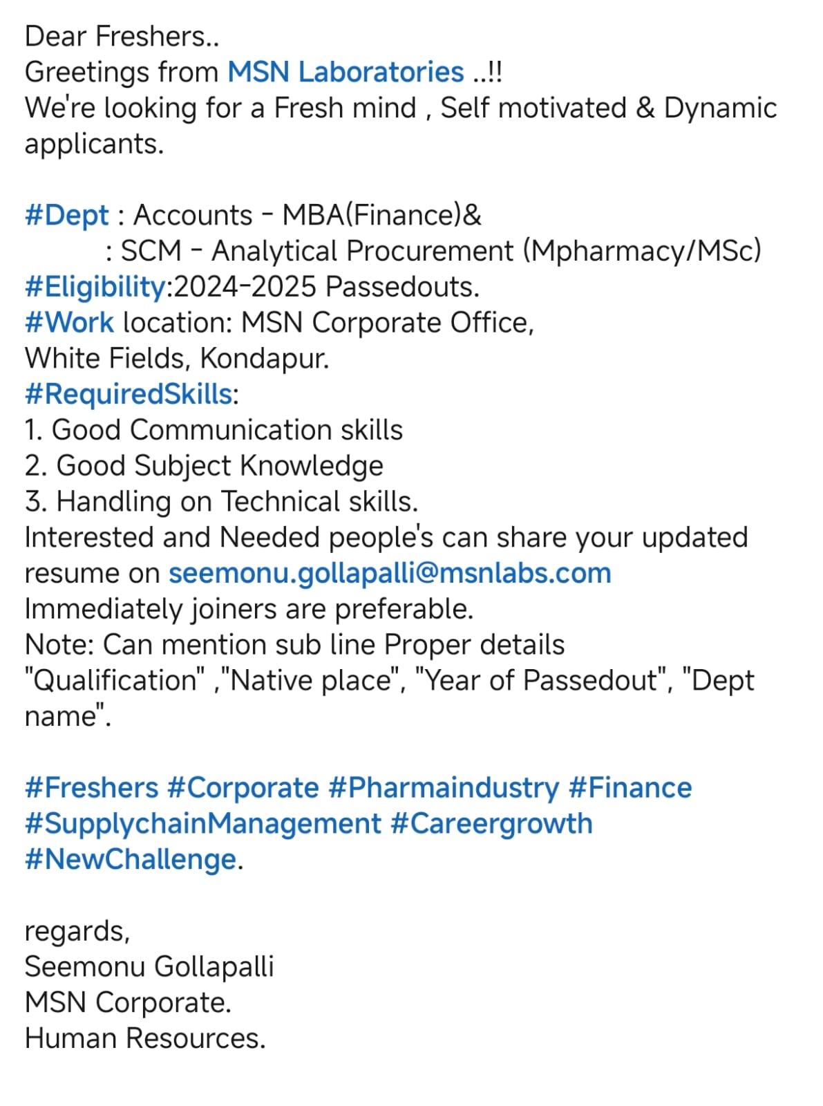 🚀 Hiring Freshers – MSN Laboratories