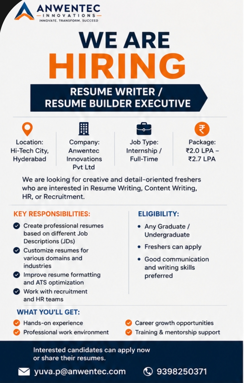 🚀 Hiring Freshers | Resume Writer / Resume Builder Executive 🚀